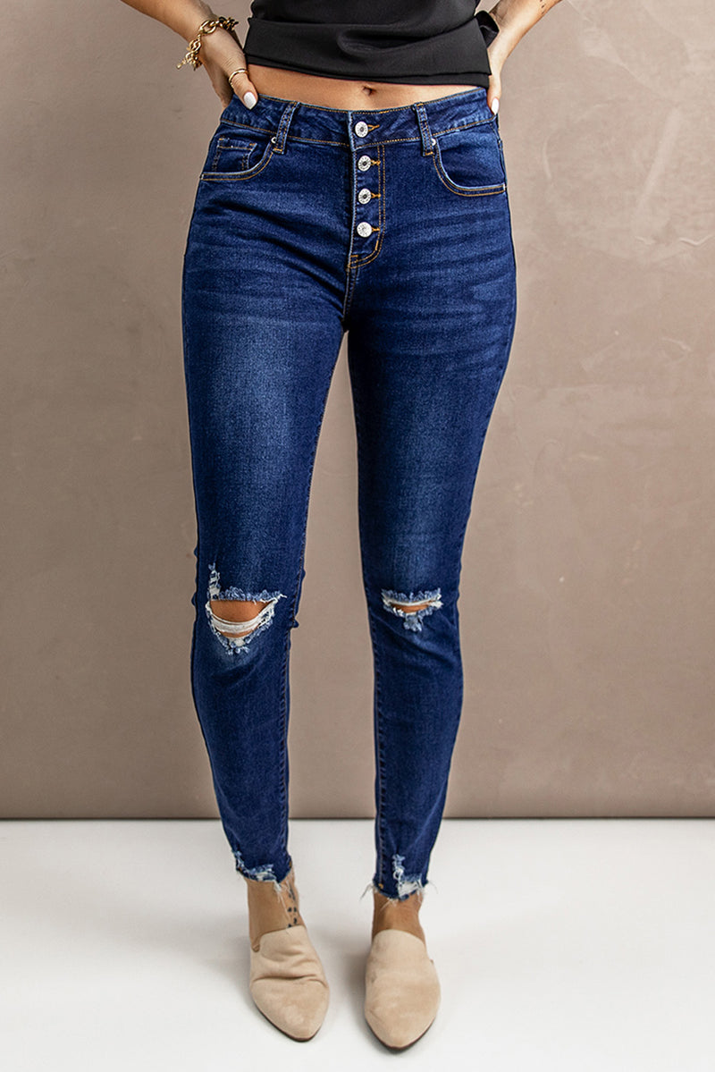 Carly Distressed Button Fly Skinny Jeans